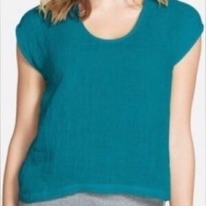 Eileen Fisher Top Cropped Cotton Gauze top with frayed raw edge detail Reef - SP